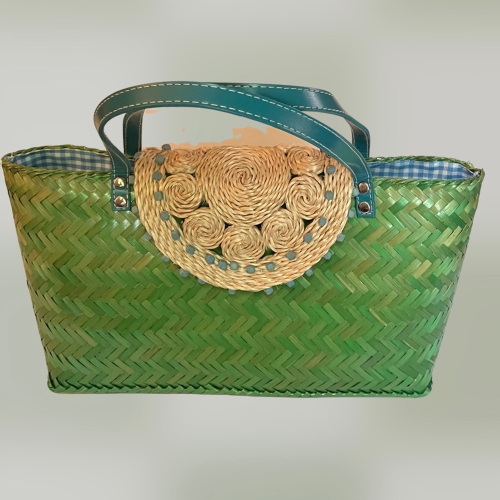 VINTAGE WOVEN BASKET PURSE GREEN RAFFIA MADE IN PHILIPPINES SUMMER TOTE HANDBAG